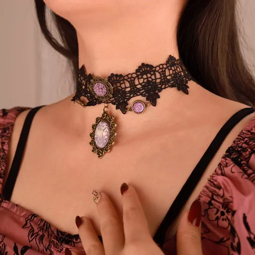 Vista 3 de Elegante gótico gótico steampunk encaje negro camafeo púrpura flor colgante victoriano tatuaje gargantilla dama camafeo collar para mujeres niñas
