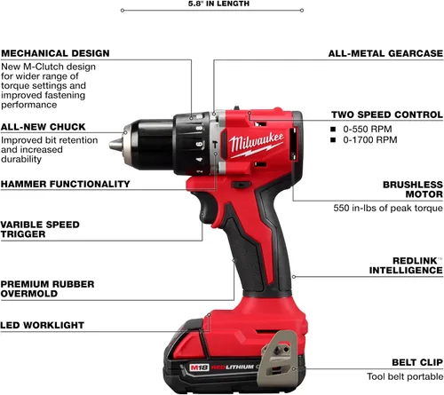 Vista 3 de Milwaukee Eléctrico - Taladro martillo M18COMPACT sin escobilla/destornillador de 1/2 pulgada