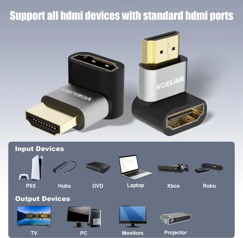 Vista 8 de VCELINK Adaptadores de ángulo recto HDMI 8K @60Hz con acoplador HDMI 8K, HDMI 2.1 hembra a adaptador de extensión hembra
