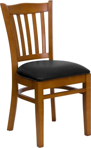 Vista 3 de EMMA + OLIVER Silla vertical de madera de cerezo con respaldo de listones, asiento negro del vinilo Asiento de vinilo negro/marco de madera de cerezo