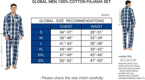 Vista 4 de GLOBAL Conjunto de pijama de 100 % algodón para hombre, pijama de manga larga con botones para hombre, ropa de dormir suave y cómoda