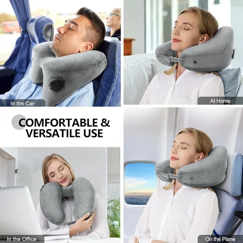 Vista 2 de Sunany Almohada de cuello para viaje, almohada inflable de avión que soporta cómodamente la cabeza, el cuello y la barbilla, almohada de viaje