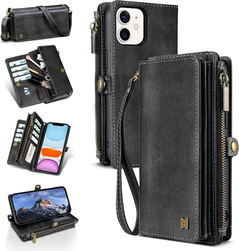 Vista 33 de Funda tipo cartera para iPhone 16 Pro Max con 8 tarjeteros, bloqueo RFID, piel sintética, función atril, abatible, correa de muñeca y correa