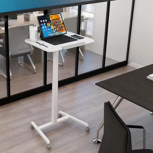 Vista 8 de PUNCIA - Escritorio móvil de pie de 25 pulgadas, neumático ajustable, escritorio inclinable, color blanco Pneumatic Height Adjustable Laptop Desk