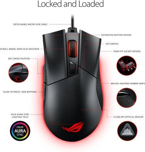 Vista 3 de ASUS Mouse óptico para juegos - P502 ROG Gladius II Agarre ergonómico a la derecha Mouse de juegos de PC para juegos FPS Sensor óptico de 12000