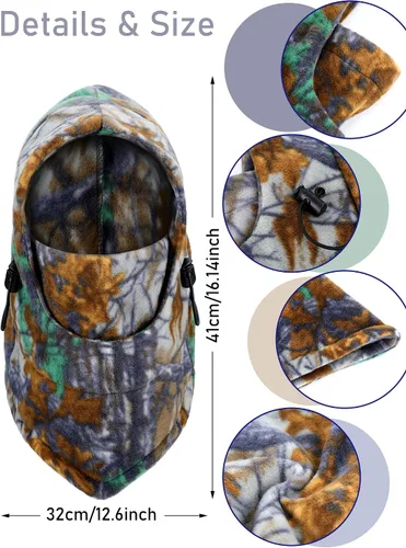 Vista 3 de 3 piezas de pasamontañas camuflaje para caza, máscara facial Sherpa con capucha, cubierta facial resistente al viento para clima frío, deportes