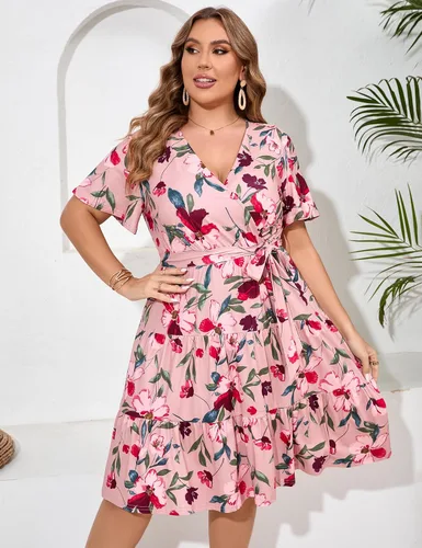 Vista 3 de KOJOOIN Vestido cruzado con cuello en V para mujer, talla grande, cintura alta, manga corta, vestido midi casual de verano con cinturón