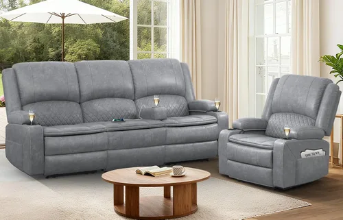 Vista 32 de Sofá reclinable de 3 plazas, sofá reclinable con consola elevable (tela, azul) Reclining Sofa with USB Removable Armrest, RV Sofa with Cup Holder