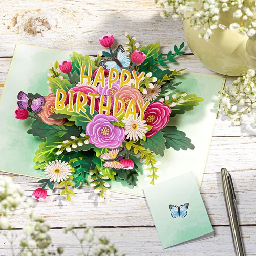 Vista 4 de POPWOW Tarjeta desplegable de feliz cumpleaños, flores y mariposas, tarjeta de felicitación 3D floral, regalo para mamá, hermana, mujer, abuela