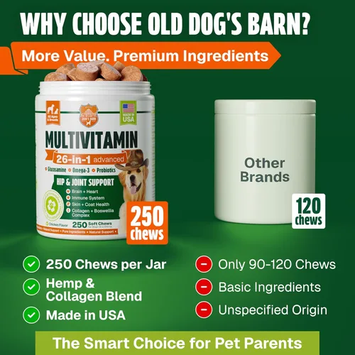 Vista 5 de Vitaminas y suplementos para perros, 250 masticables, multivitamínicos 26 en 1, masticables suaves con glucosamina, condroitina, probióticos, Omega