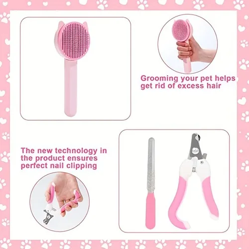 Vista 4 de 7-in-1 Cat Grooming Kit Self-Cleaning Slicker Brush Nail Clippers File Comb Toothbrush Set for Cats Small Dogs