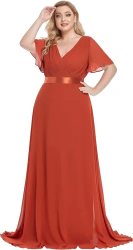 Vista 25 de Ever-Pretty Vestidos formales de noche de gasa para mujer con cuello en V de talla grande para mujeres con curvas, vestido de dama de honor de largo