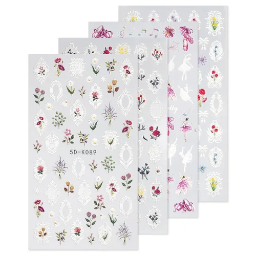 Vista 10 de Calcomanías de uñas, 4 hojas en relieve floral 5D, autoadhesivas para manicura de bricolaje