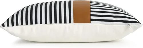 Vista 4 de Hofdeco Funda de almohada de piel sintética y 100% algodón, diseño moderno a rayas color negro camel, 12 x 20 pulgadas