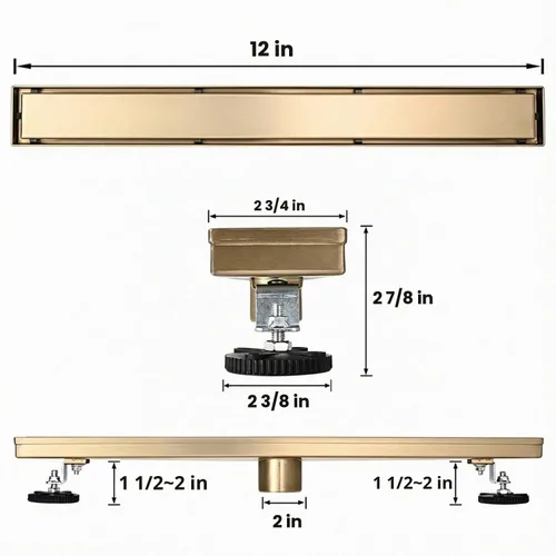 Vista 6 de AVSIILE Desagüe Lineal para Piso de Ducha, Oro Cepillado 12 Pulgadas Acero Inoxidable 304 Kit de Desagües de Baño, Desagüe de Zanja Rectangular