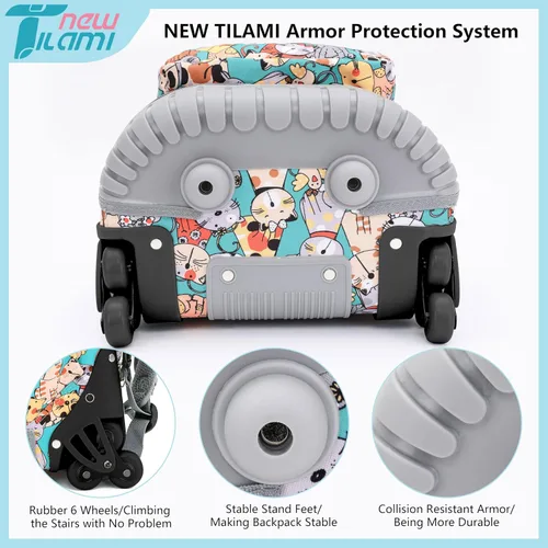 Vista 4 de NEW TILAMI Mochila con ruedas para niñas y niños de 1618 pulgadas, mochila para computadora portátil para niños, mochila escolar de viaje, Gatos