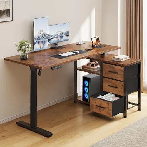 Vista 14 de 47 Inch L Shaped Desk with 3 Drawers Electric Standing Desks with Storage Computer Table Adjustable Height with Power Outlets 4 Memory Presets for