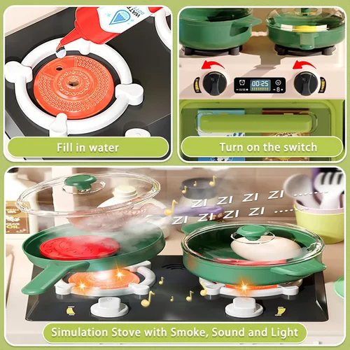 Vista 2 de Juego de Cocina para Niños, 63 Piezas de Juguetes de Cocina de Juego de Simulación para Niños Pequeños, Estufa de Cocina con Sonido de Vapor y Luz