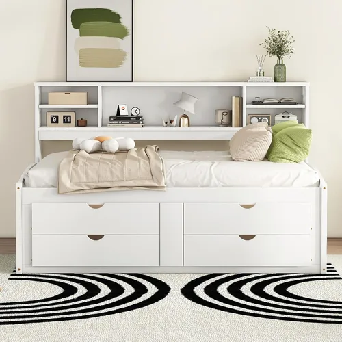 Vista 35 de Sofá cama de madera de tamaño matrimonial con 2 armarios de noche, estantes superiores y 4 cajones, marco de madera resistente, espacio de Marrón