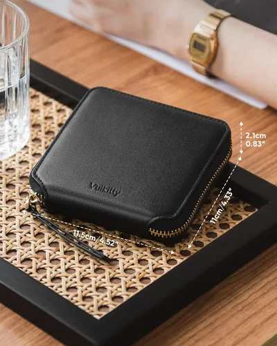 Vista 6 de Vulkitty Cartera de cuero para mujer con bloqueo RFID, monedero delgado plegable con bolsillo con cremallera, Negro -, Classic