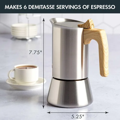 Vista 4 de Primula Cafetera y cafetera de acero inoxidable de alta calidad, olla moka para café clásico italiano, 6 tazas, mango de aspecto de madera