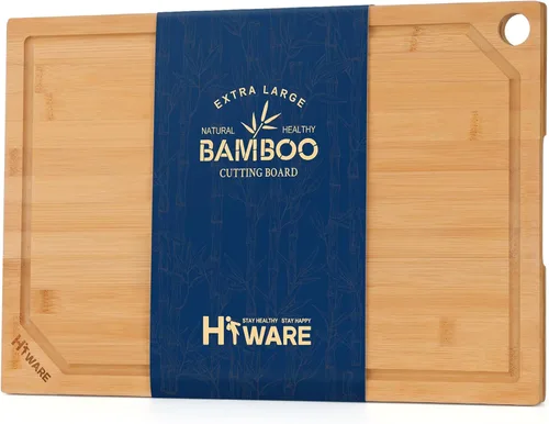 Vista 12 de HIWARE Juego de 4 Piezas de Tablas de Cortar Extra Grandes de Madera - Tablas de Cortar de Bambú para Preparación de Comidas y Servicio