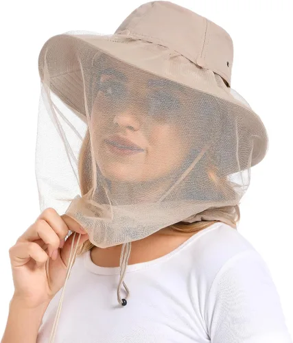 Vista 2 de Mosquito Head Net Hat - Bug Cap UPF 50+ Sun Protection with Hidden Netting for Beekeeping Hiking Women