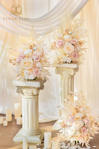 Vista 5 de TINGE TIME Juego de 2 flores artificiales de pie, centro de mesa con almohadilla de goma, flor falsa de seda para centro de mesa de boda, arco