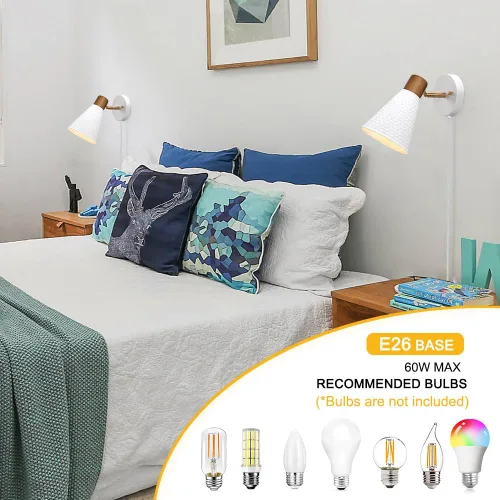 Vista 5 de Juego de 2 apliques de pared blancos enchufables, lámpara de pared moderna con cable de enchufe, aplique de madera con pantalla de metal martillado