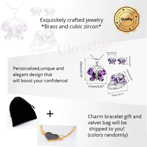 Vista 7 de Uloveido Platino chapado en oro rosa púrpura blanco cristal zirconia cúbica lindo encanto mariposa colgante collar pendientes y anillo barato