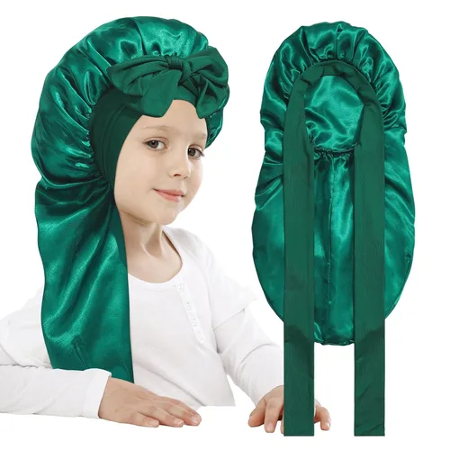 Vista 11 de AWAYTR Gorro de satén para niñas con trenzas de pelo largo para dormir Negro