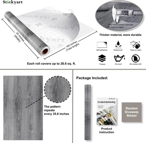 Vista 7 de Stickyart Papel tapiz de madera de 24 x 160 pulgadas de grosor, color gris mate, autoadhesivo, papel de contacto de grano de madera rústico