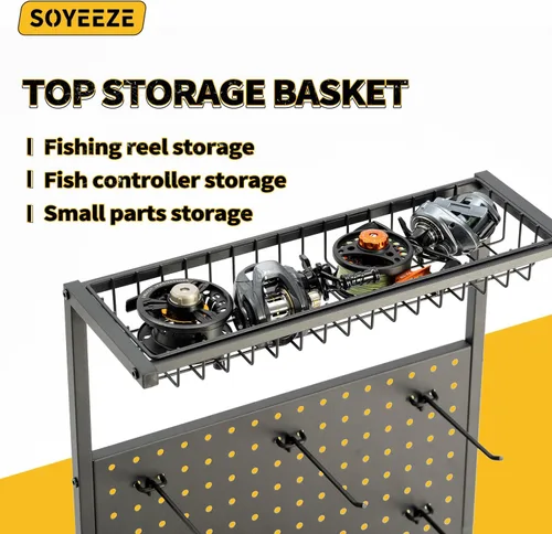 Vista 6 de SOYEEZE Soporte para caña de pescar para garaje, resistente soporte para caña de pescar de 4 niveles con capacidad para hasta 12 cañas con tablero