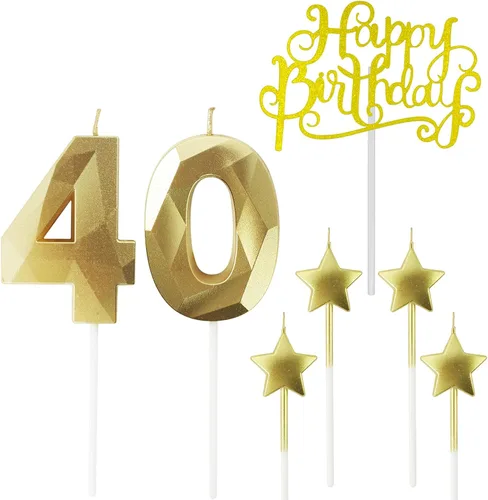 Vista 14 de Velas de cumpleaños doradas con número 20 y velas de estrella de cumpleaños de 7 cm Velas para pastel de cumpleaños en forma de diamante 3D son