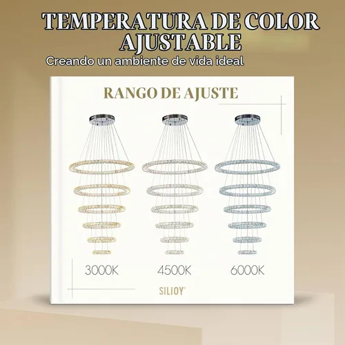 Vista 5 de Siljoy Moderna lámpara de araña de cristal, 6 anillos, lámpara de techo LED con 3 colores, lámpara de techo alto para sala de estar, comedor