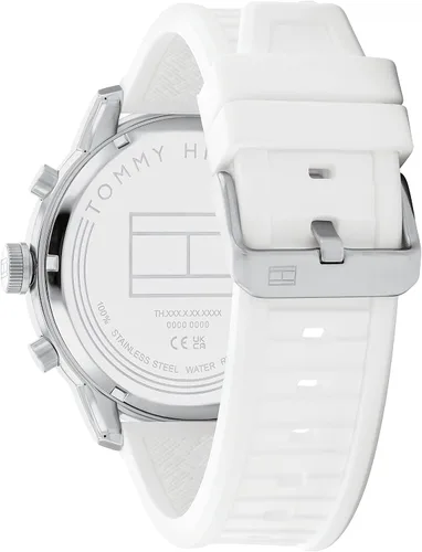 Vista 3 de Tommy Hilfiger Reloj multifunción de acero inoxidable y correa de silicona para hombre, color blanco (modelo 1792072), Blanco