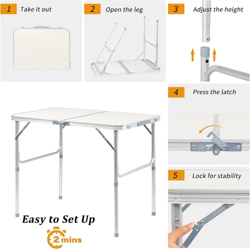 Vista 4 de Mesa plegable de aluminio, mesa de campamento multiusos para picnic, mesa rectangular portátil y ajustable, color blanco