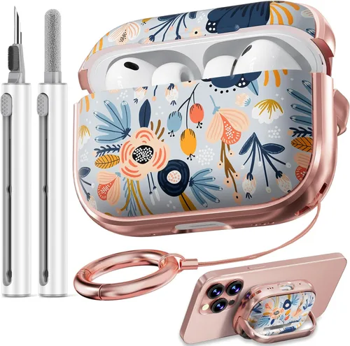 Vista 21 de Inesore Funda con bloqueo de seguridad para AirPods 4 2024, bonita funda floral para AirPod de 4ª generación para mujeres con kit limpiador