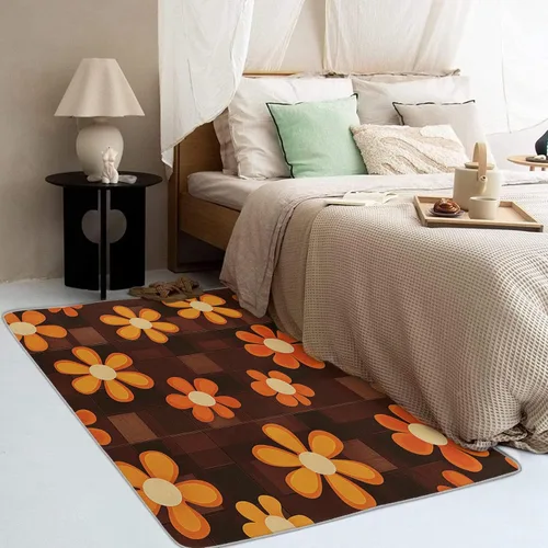Vista 4 de Alfombra floral retro 70S, lavable, Groovy Funky de 8 x 10 pulgadas, alfombra grande de flores naranjas, dormitorio, sala de estar, decoración