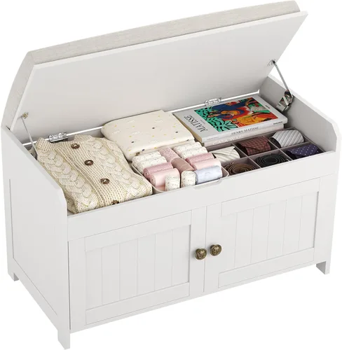 Vista 11 de HOMEFORT Banco para Zapatos de 30" con Almacenamiento de Tapa Elevable, Banco de Entrada con Asiento Acolchado, Banco de Madera para Pie de Cama