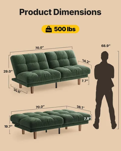 Vista 2 de Amada - Sofá cama convertible de 70 pulgadas con respaldo ajustable, color Verde