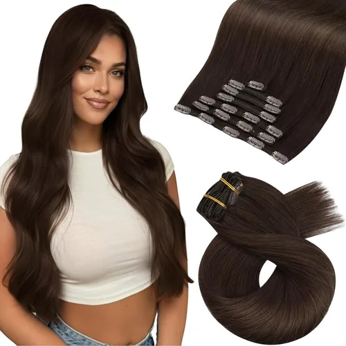 Vista 14 de Moresoo Extensiones de cabello humano con clip, balayage, color marrón oscuro a marrón dorado con clip, extensiones de cabello humano con clip, 5