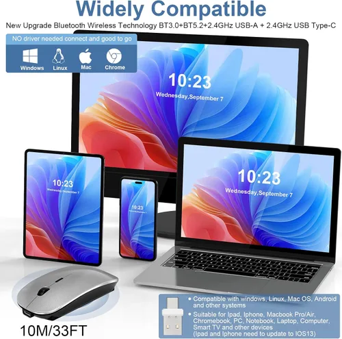 Vista 2 de Mouse para portátil inalámbrico Bluetooth - MacBook Air Mac Pro PC iPad óptico recargable silencioso ratón con interruptor de modo dual Jiggler