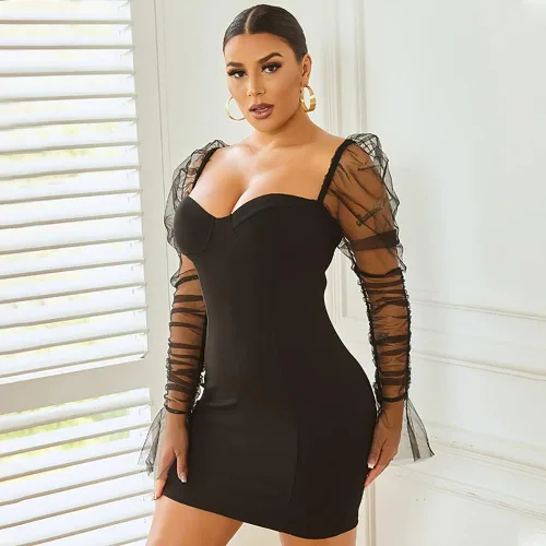 Vista 7 de Nhicdns Vestido sexy para mujer, de malla transparente, manga larga, abullonada, bodycon