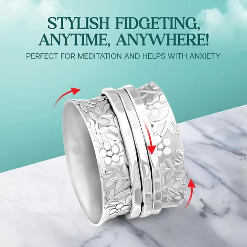 Vista 3 de Boho-Magic Anillo giratorio de plata esterlina para mujer, banda ancha, anillo de plata 925 con tres bandas giratorias suaves, estilo meditación