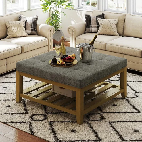 Vista 17 de Otomana con banco de almacenamiento, mesa de centro otomana de lino, gris oscuro Solid frame for added stability, 3.2-inch storage ottoman cushion