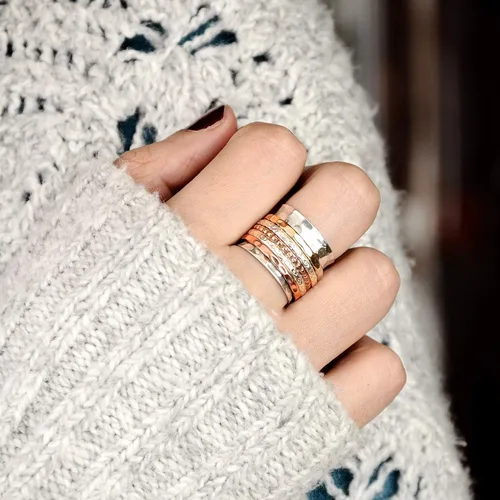 Vista 3 de Boho-Magic Anillo giratorio para mujer, plata de ley 925 con bandas de cobre y latón anchas, Metal