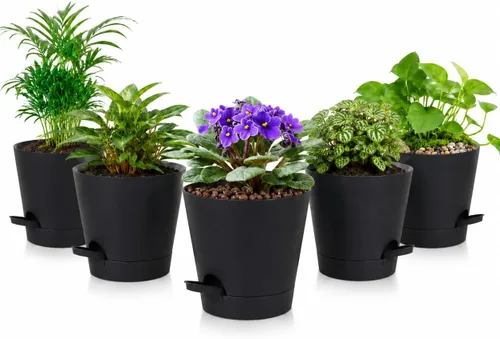 Vista 9 de Paquete de 12 macetas de riego automático de 4 pulgadas con drenaje y platillos, macetas de plástico para plantas de interior y exterior, macetas