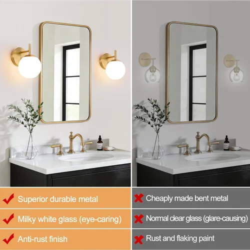 Vista 2 de Juego de dos apliques de pared dorados, paquete de 2 lámparas de baño de oro cepillado con vidrio de globo blanco lechoso, apliques modernos