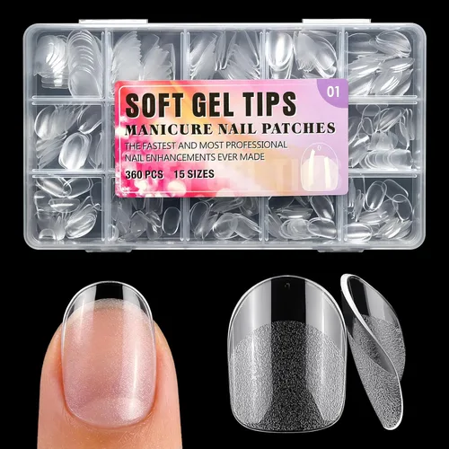 Vista 13 de 360 puntas de uñas cortas de almendra, puntas de uñas postizas cortas en forma de almendra, puntas de uñas acrílicas transparentes a presión, puntas